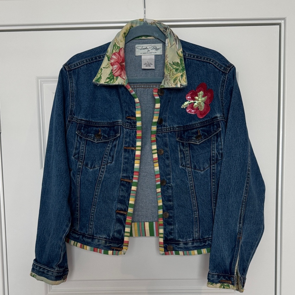 Tasha Polizzi Denim Jacket with Red and Green Floral Details